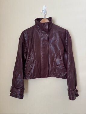 Veronica Beard Bateman Cropped Leather Jacket Raisin XS